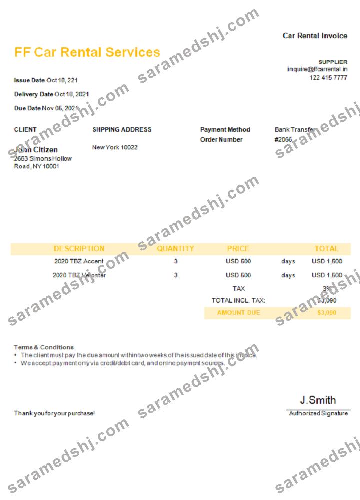 USA FF Car Rental Services invoice